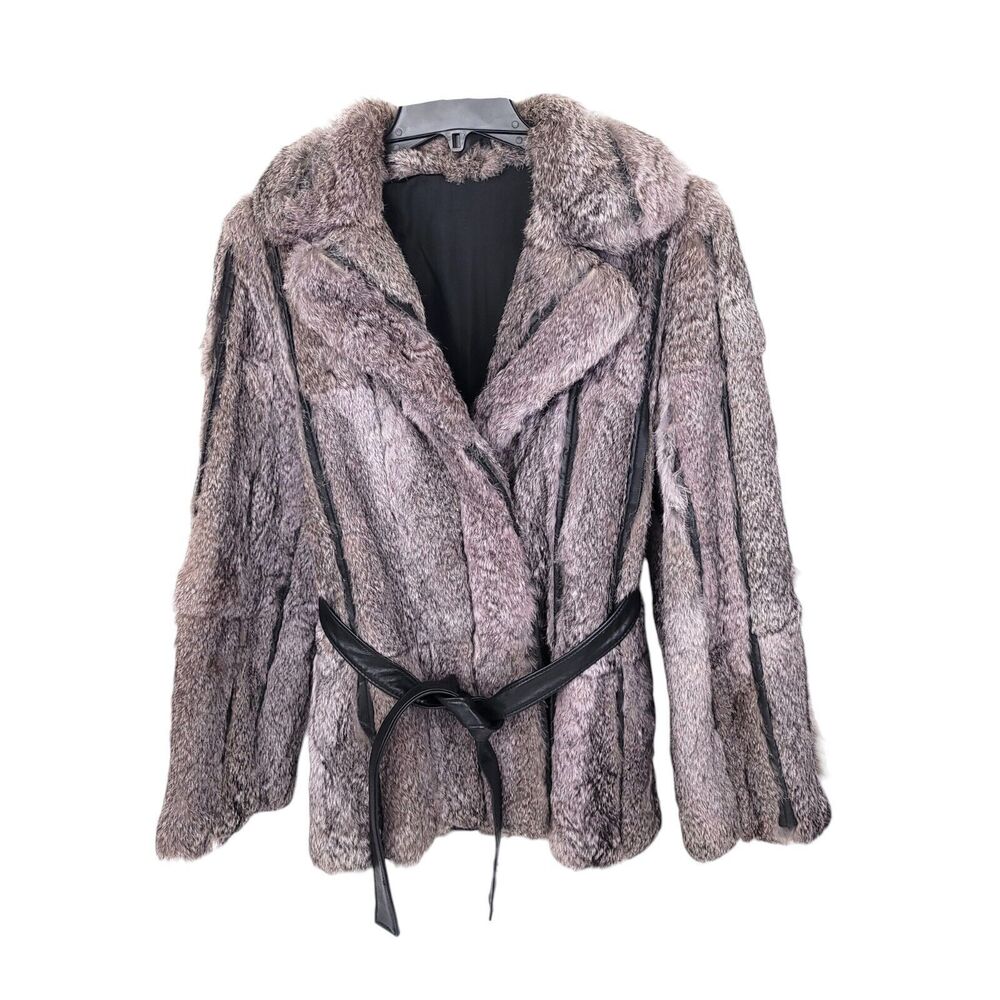 Fur Coat Womens Small Vintage Rabbit Leather Belted Gray Jacket Lined